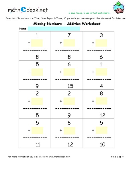 Missing Numbers - Addition Worksheet Set Interactive