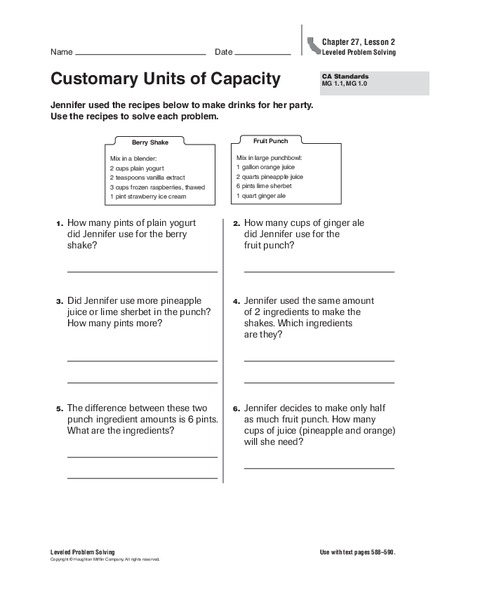 Customary Units of Capacity Worksheet