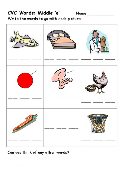 CVC Words: Middle e Worksheet