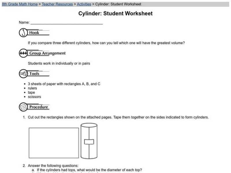 Cylinder: Student Worksheet Worksheet