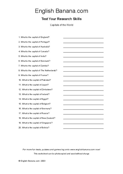 Capitals of the World Worksheet