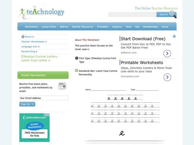 D'Nealian Cursive Handwriting Practice Worksheet