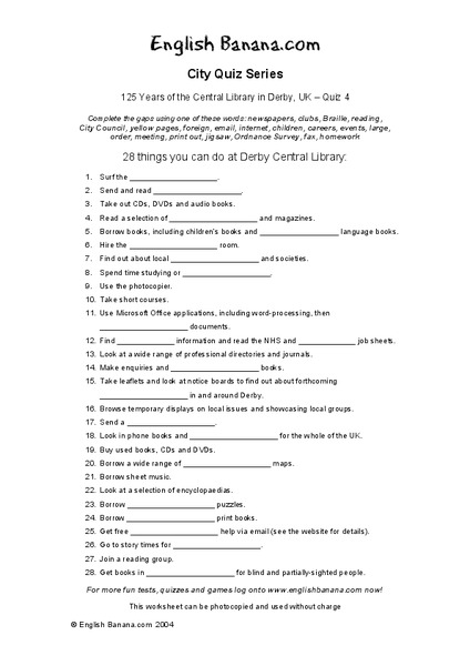 125 Years of the Central Library in Derby, UK Worksheet