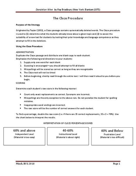 Dandelion Wine by Ray Bradbury  Worksheet