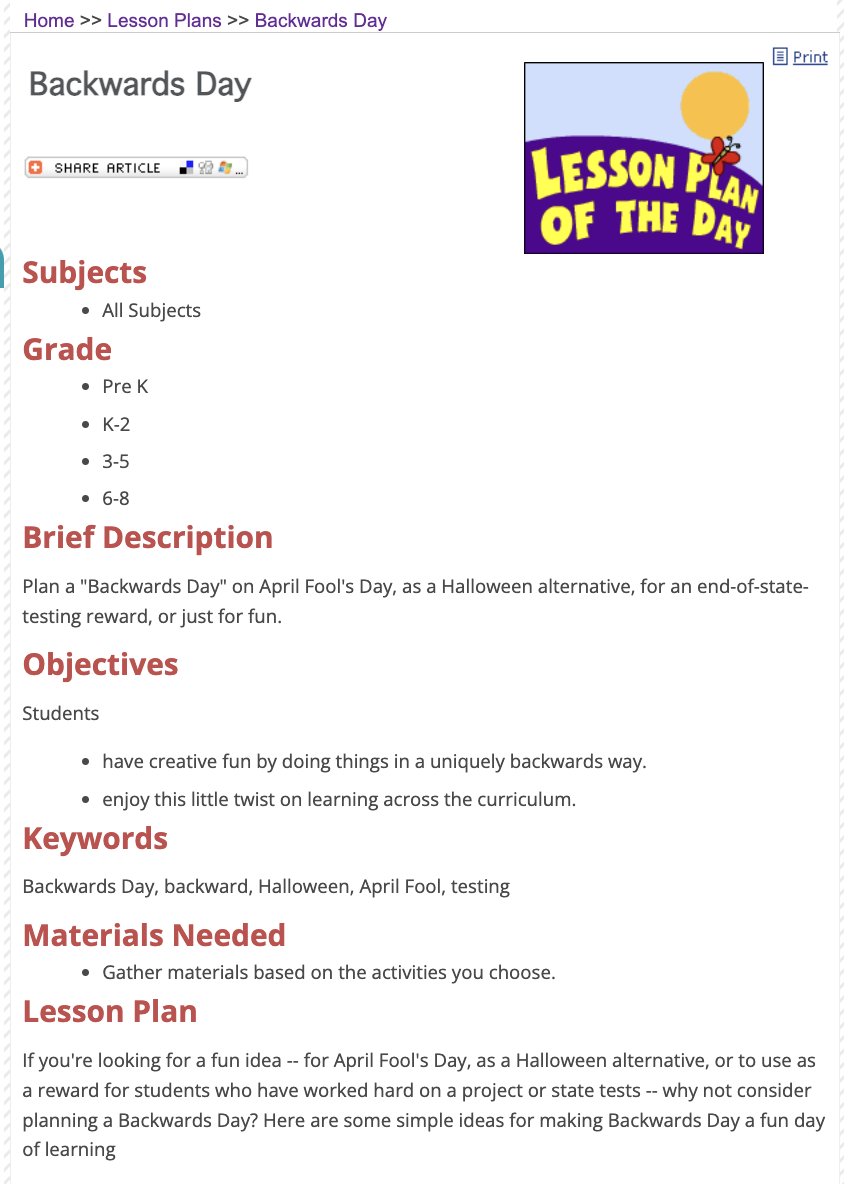 Backwards Day Lesson Plan