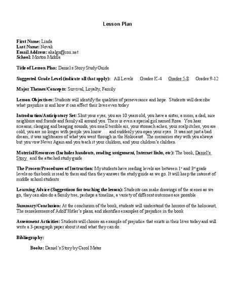 Daniel's Story Study Guide Lesson Plan