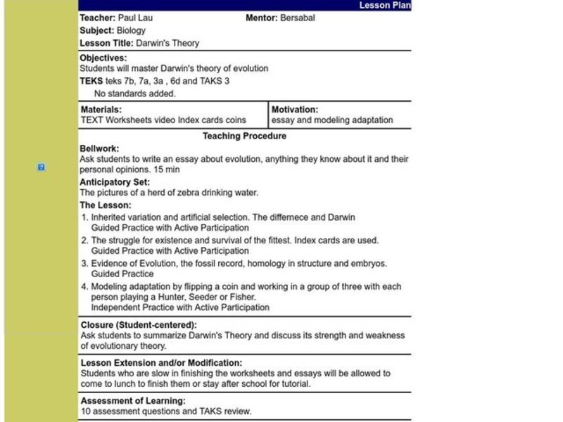Darwin's Theory Lesson Plan