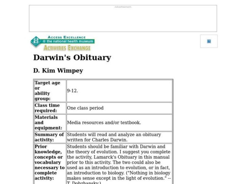 Darwin's Obituary Lesson Plan