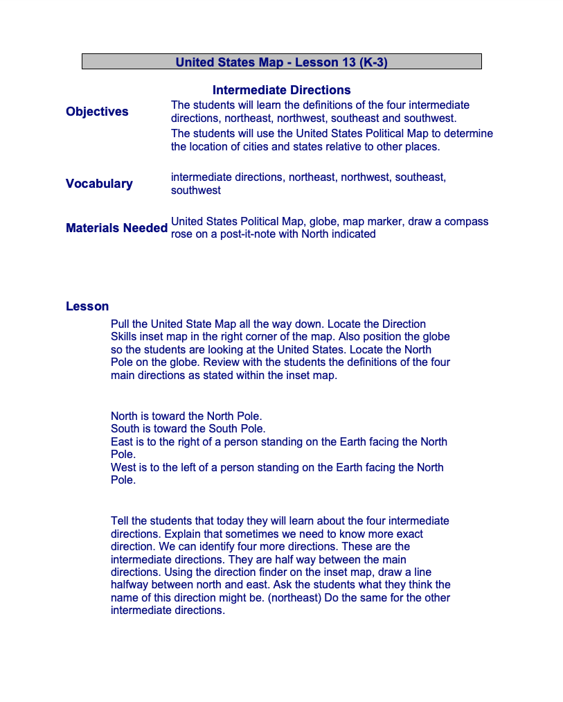 United States Map- Intermediate Directions Lesson Plan