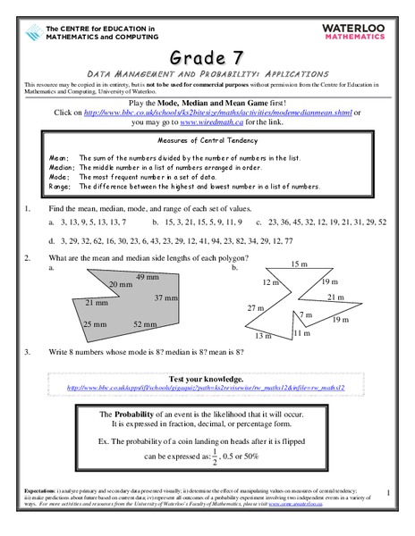 Data Management and Probability: Applications Worksheet
