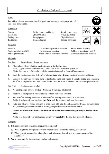 Oxidation of Ethanol to Ethanal Lab Resource