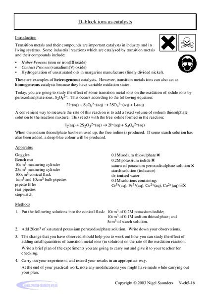 D-Block Ions as Catalysts Lab Resource
