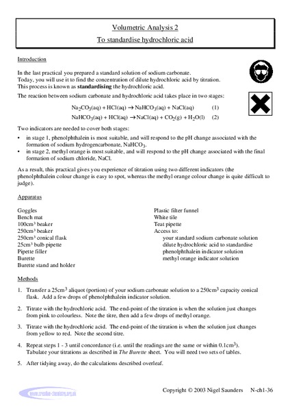 Volumetric Analysis 2- To Standardize Hydrochloric Acid Lab Resource