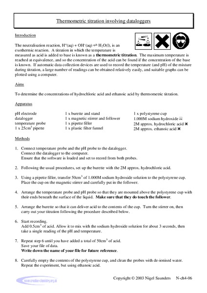 Thermometric Titration Involving Dataloggers Lab Resource