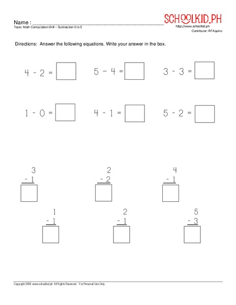 Math computation drill - subtraction 0 to 5 Worksheet