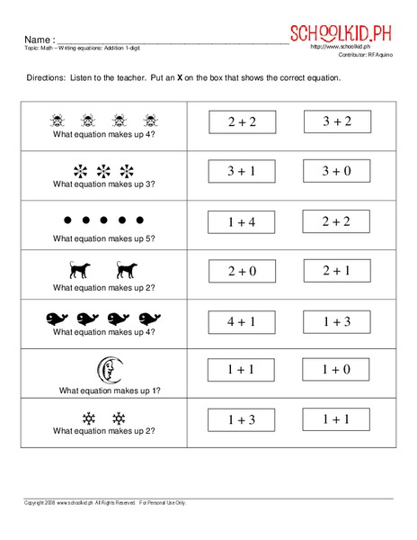 Writing Equations: Addition 1-Digit Worksheet