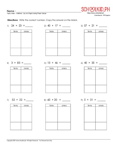 Addition: Up to 2-Digits Using Place Values Worksheet