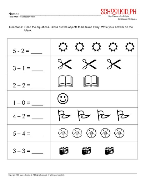 Math – Subtraction 0 to 5 Worksheet