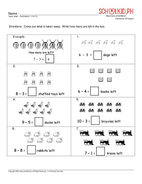 Math - Subtraction - 0 to 10 Worksheet