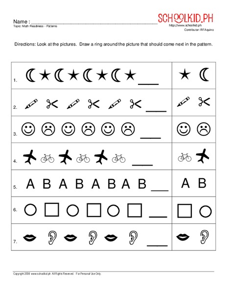 Math Readiness - patterns Worksheet