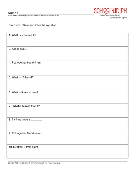 Math – Writing Equations: Addition and Subtraction 0 to 10 Worksheet