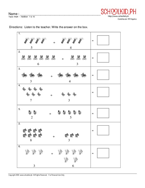 Math - Addition 1 to 10 Worksheet