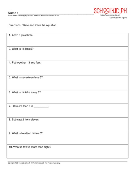 Writing Equations: Addition and Subtraction 0 to 20 Worksheet