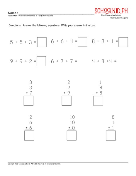 Math – Addition :3 Addends of 1-Digit with Doubles Worksheet