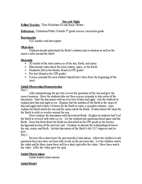 Day and Night Lesson Plan