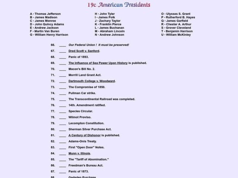 19c American Presidents Worksheet