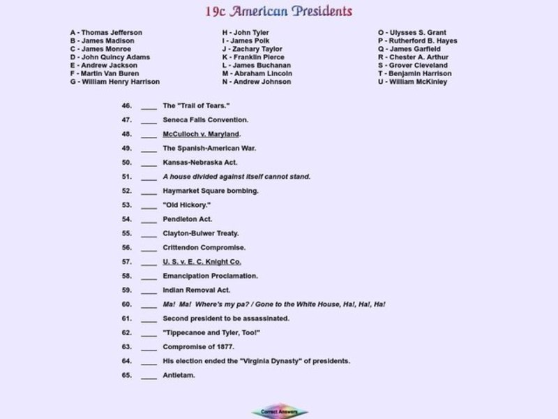 19C American Presidents Worksheet