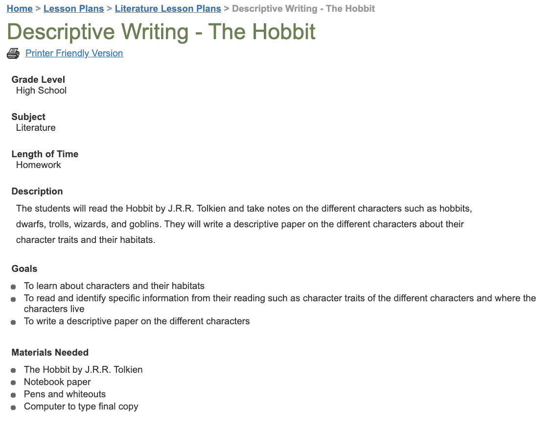 Descriptive Writing-The Hobbit Lesson Plan