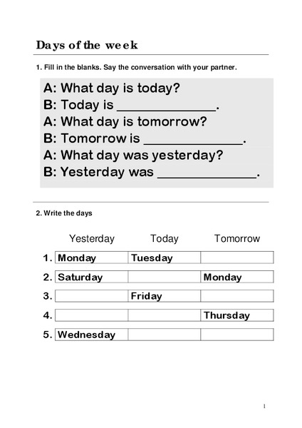 Days of the Week Worksheet