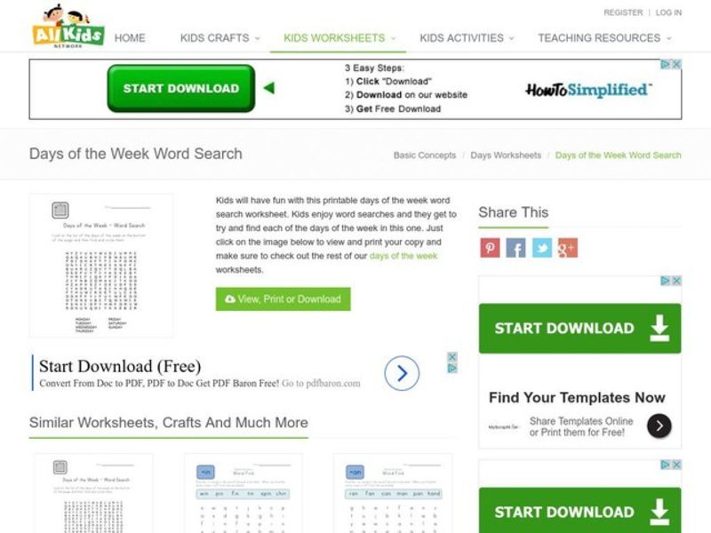 Days of the Week Word Search Worksheet