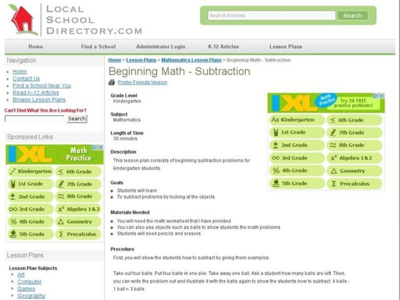 Beginning Math- Subtraction Lesson Plan