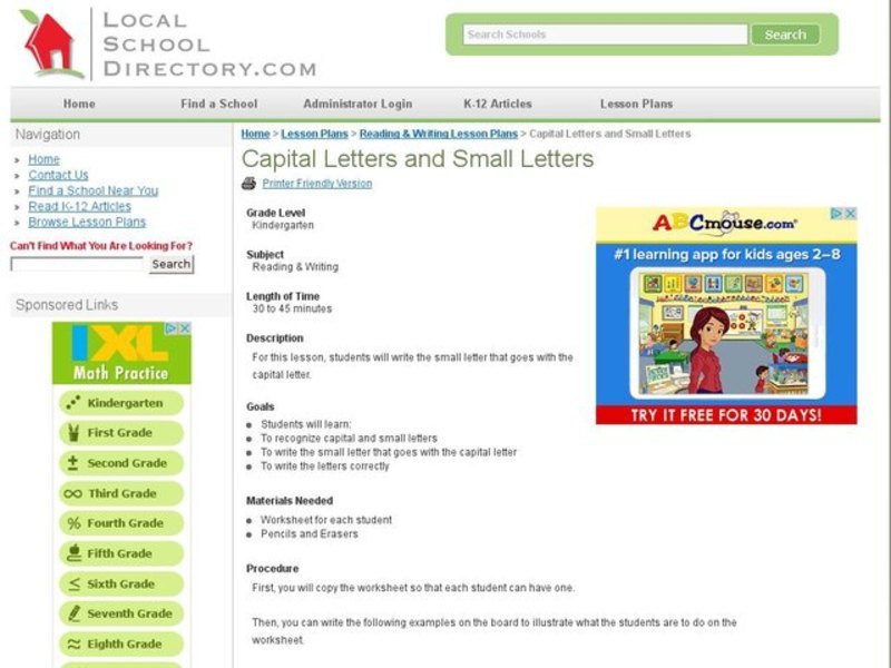 Capital Letters and Small Letters Lesson Plan