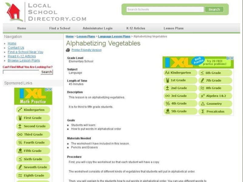 Alphabetizing Vegetables Lesson Plan