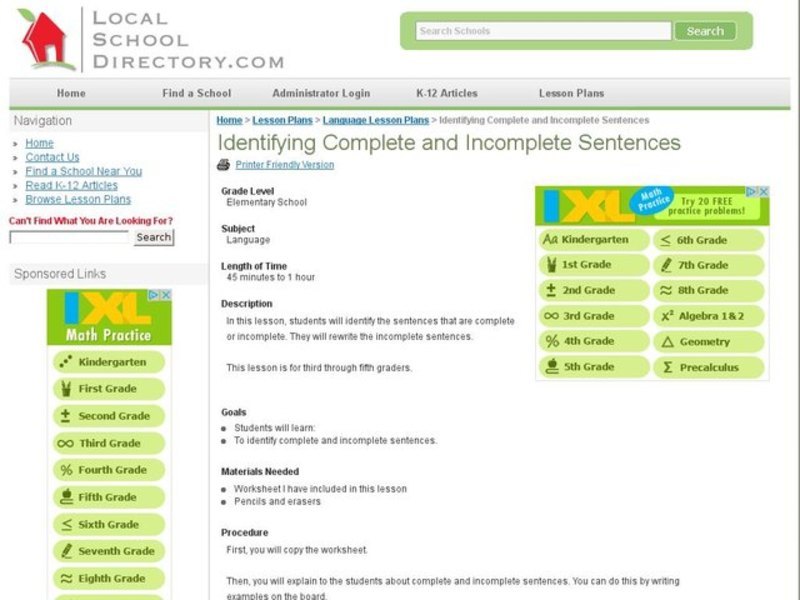 Identifying Complete and Incomplete Sentences Lesson Plan