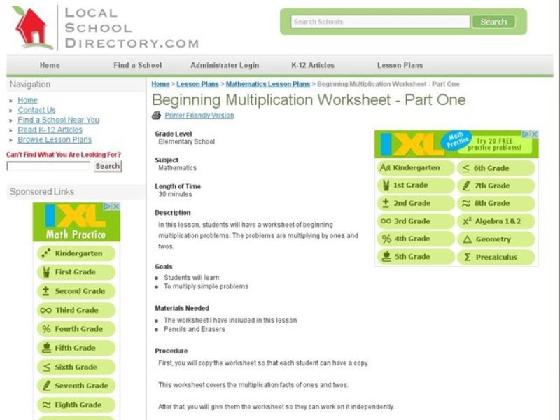 Beginning Multiplication Worksheet - Part One Lesson Plan