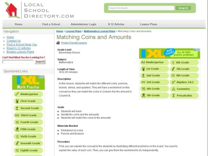 Matching Coins and Amounts Lesson Plan