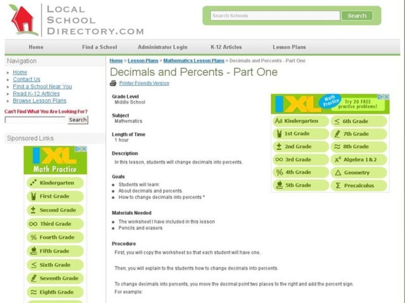 Decimals and Percents - Part One Lesson Plan