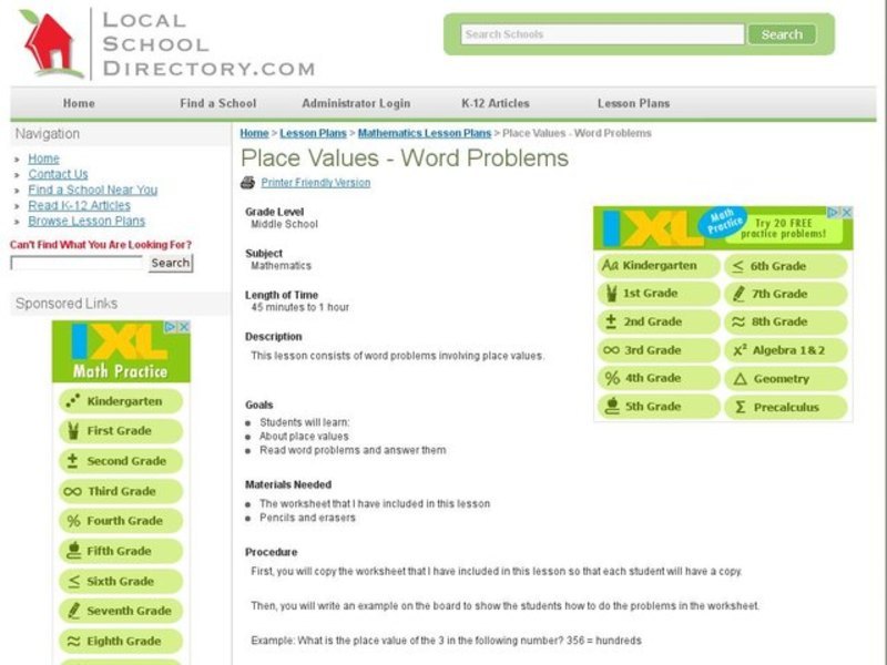 Place Values - Word Problems Lesson Plan