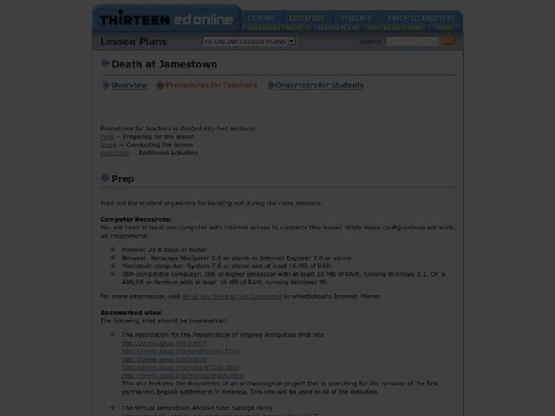 Death at Jamestown Lesson Plan