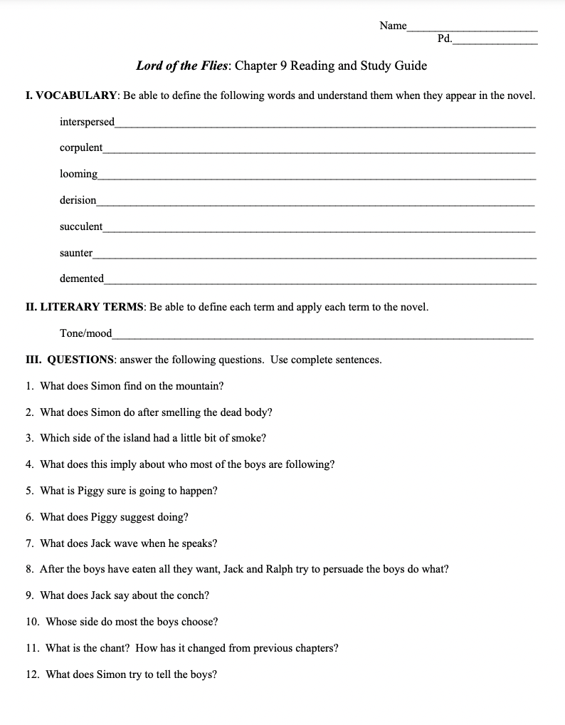 Reading and Study Guide: Lord of the Flies Chapter 9 Worksheet