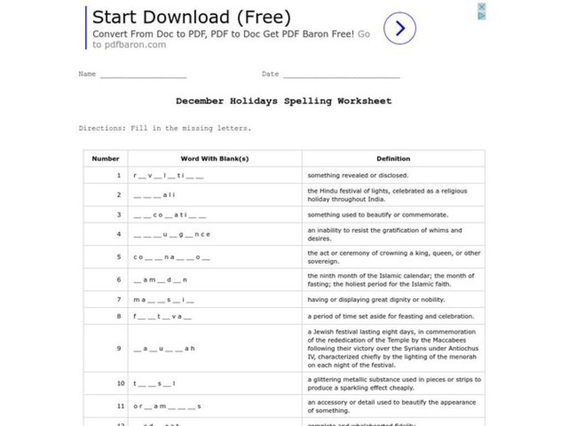 December Holidays Spelling Worksheet
