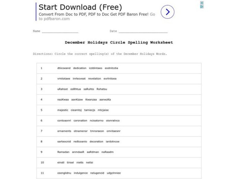 December Holidays Spelling Worksheet