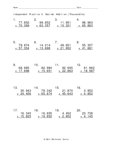 Decimal Addition Worksheet