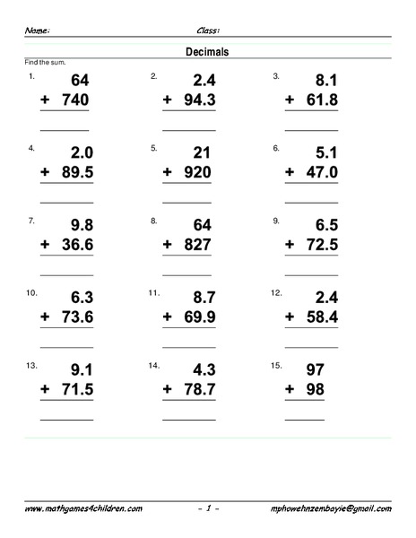 Decimal Addition Worksheet