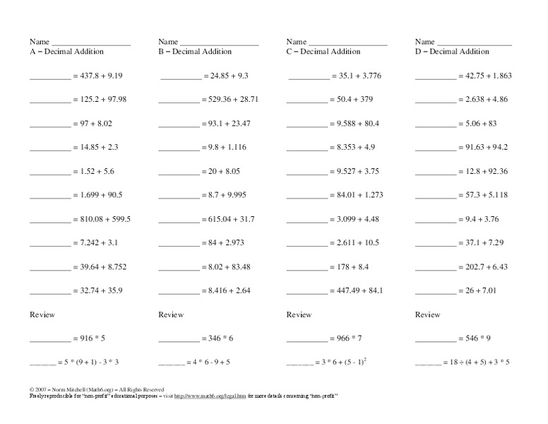 Decimal Addition Worksheet