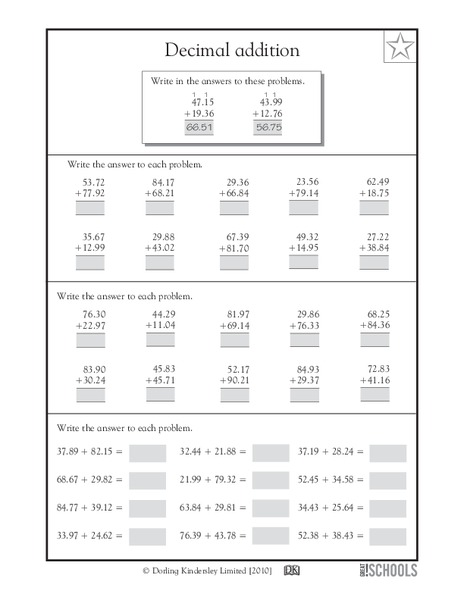 Decimal Addition Worksheet